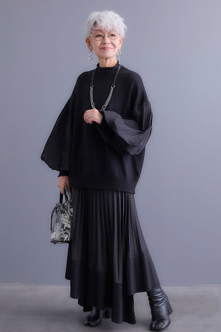 【SET】プリーツボリュームスリーブドッキングニット+アシンメトリープリーツスカート(2set)