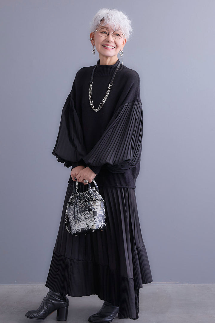 【SET】プリーツボリュームスリーブドッキングニット+アシンメトリープリーツスカート(2set)