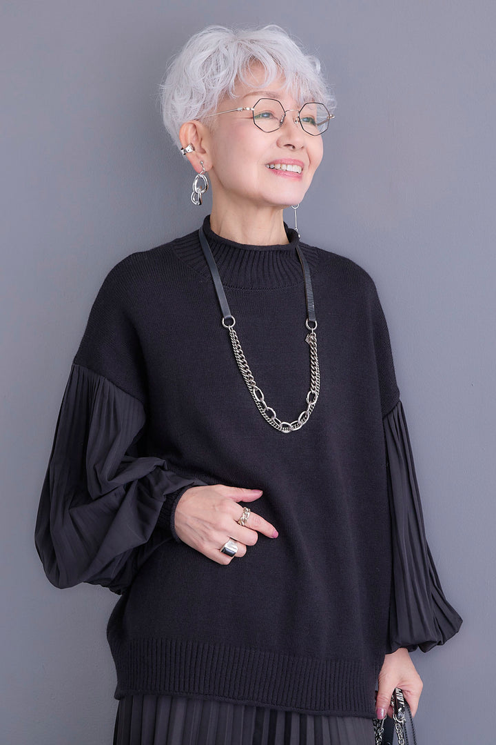 【SET】プリーツボリュームスリーブドッキングニット+アシンメトリープリーツスカート(2set)