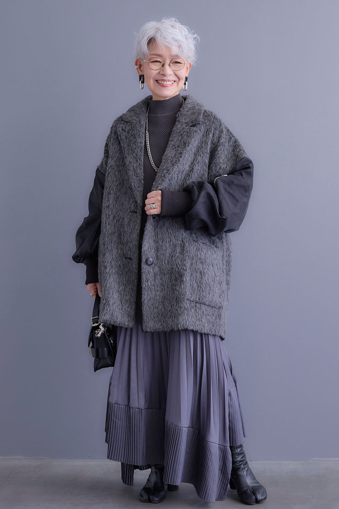 【新色追加】【SET】アシンメトリーオーバーニット+チュールレイヤードMA-1シャギーオーバーコート+アシンメトリープリーツスカート(3set)