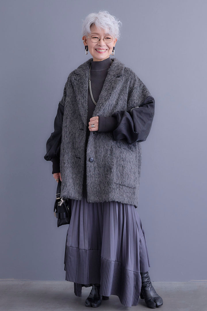 【新色追加】【SET】アシンメトリーオーバーニット+チュールレイヤードMA-1シャギーオーバーコート+アシンメトリープリーツスカート(3set)