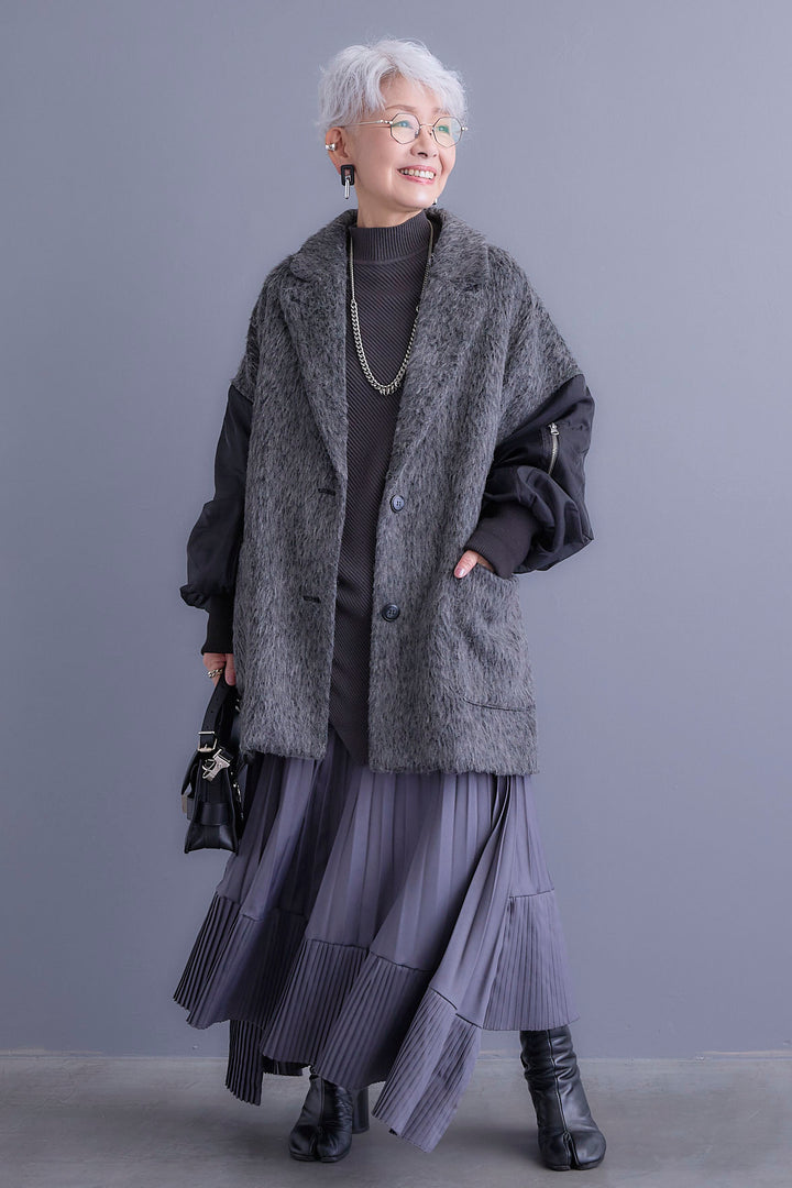 【新色追加】【SET】アシンメトリーオーバーニット+チュールレイヤードMA-1シャギーオーバーコート+アシンメトリープリーツスカート(3set)