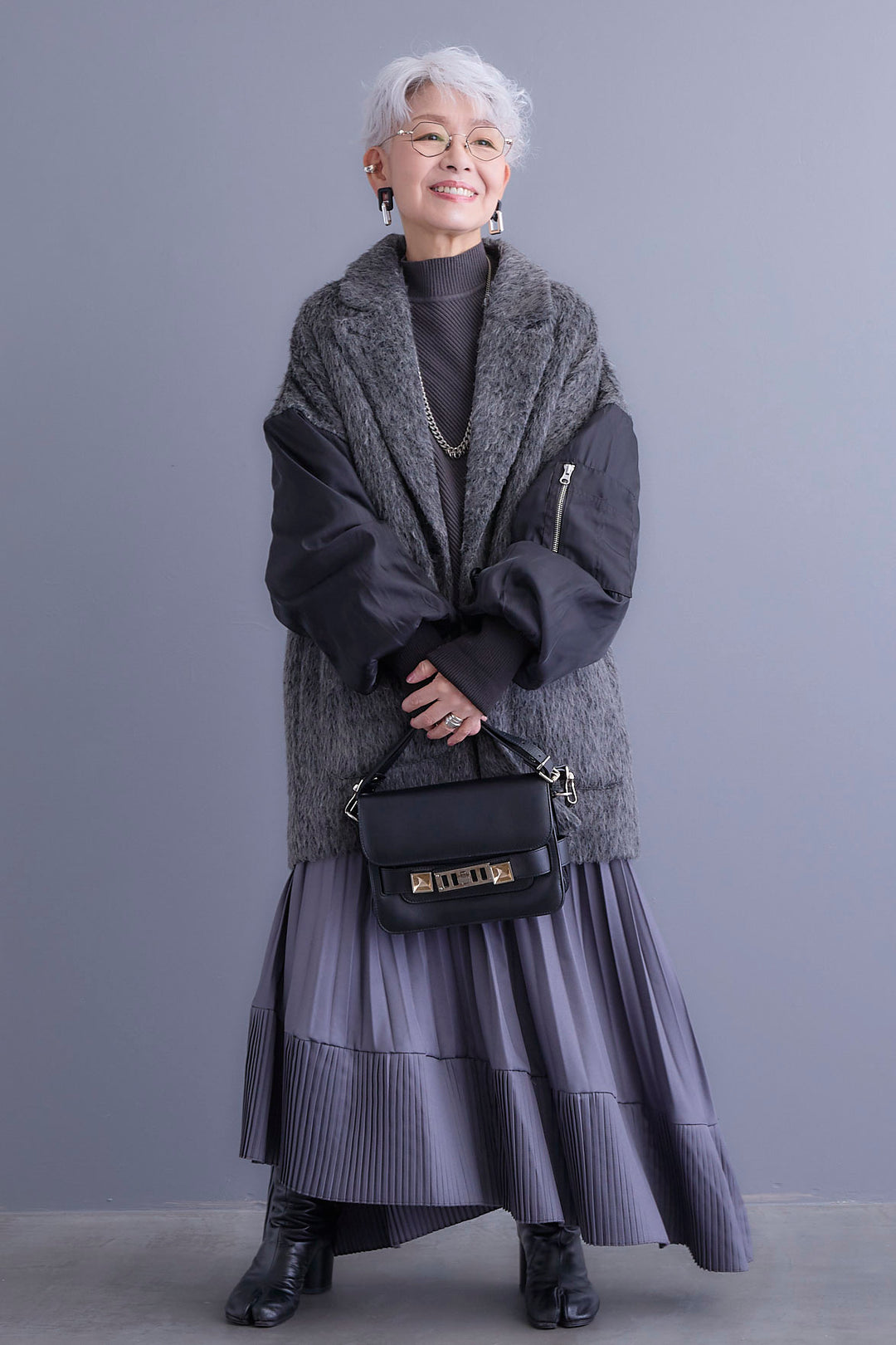 【新色追加】【SET】アシンメトリーオーバーニット+チュールレイヤードMA-1シャギーオーバーコート+アシンメトリープリーツスカート(3set)