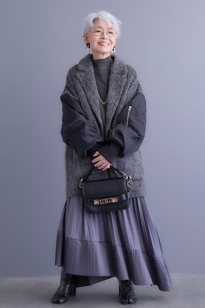 【新色追加】【SET】アシンメトリーオーバーニット+チュールレイヤードMA-1シャギーオーバーコート+アシンメトリープリーツスカート(3set)