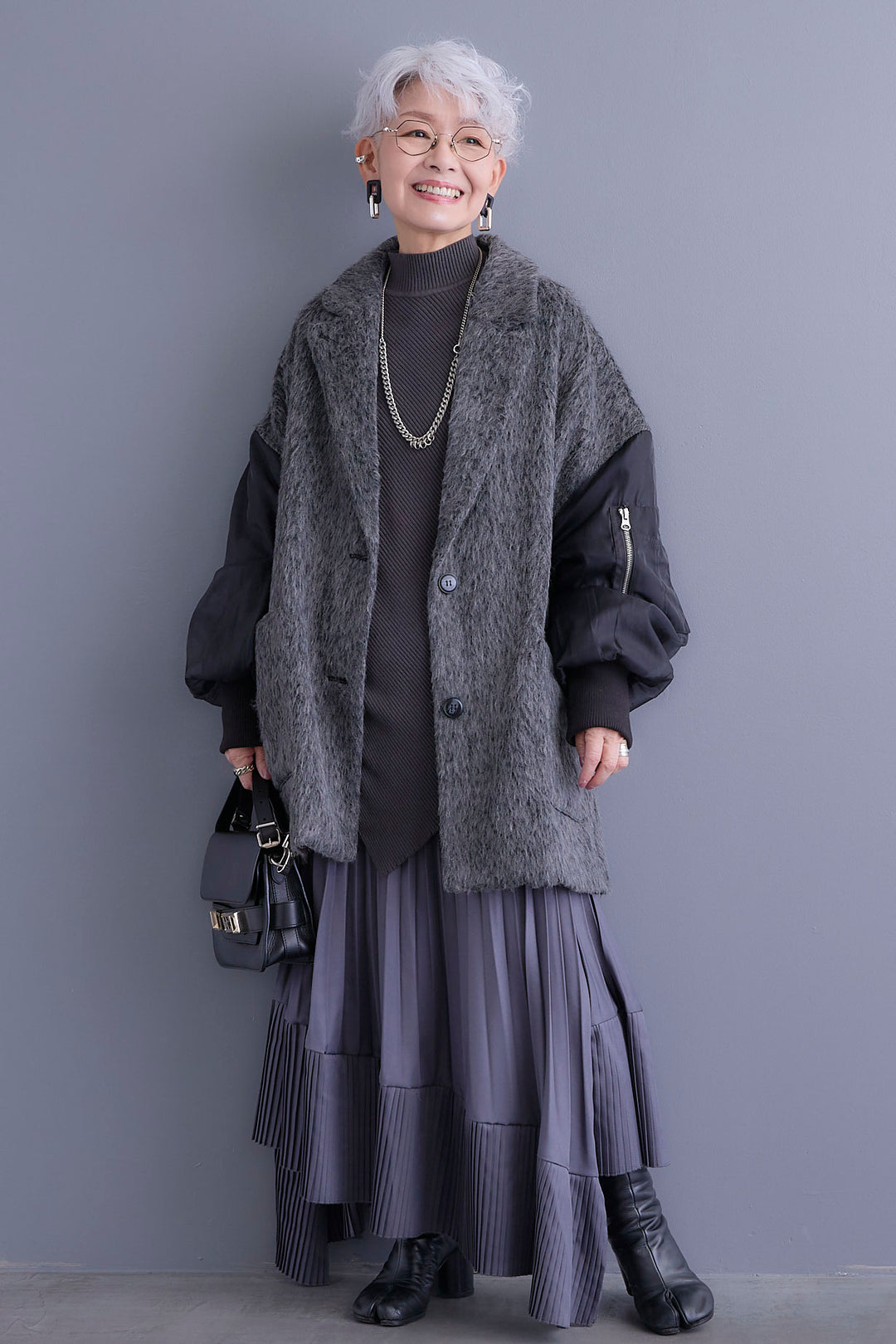 【新色追加】【SET】アシンメトリーオーバーニット+チュールレイヤードMA-1シャギーオーバーコート+アシンメトリープリーツスカート(3set)