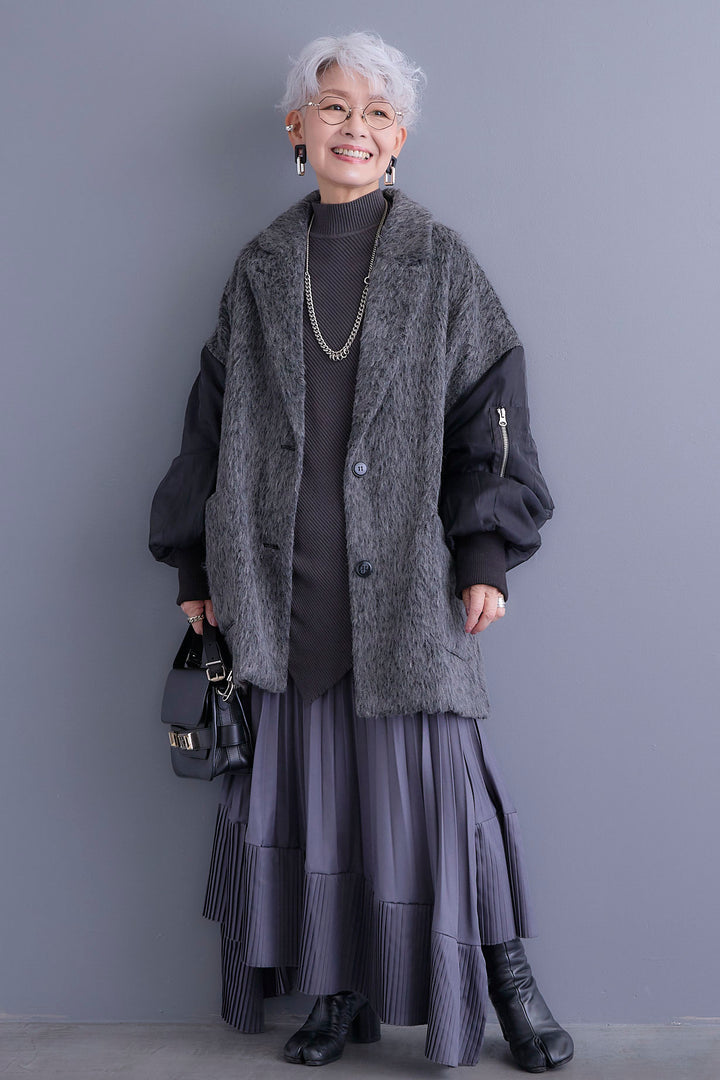 【新色追加】【SET】アシンメトリーオーバーニット+チュールレイヤードMA-1シャギーオーバーコート+アシンメトリープリーツスカート(3set)