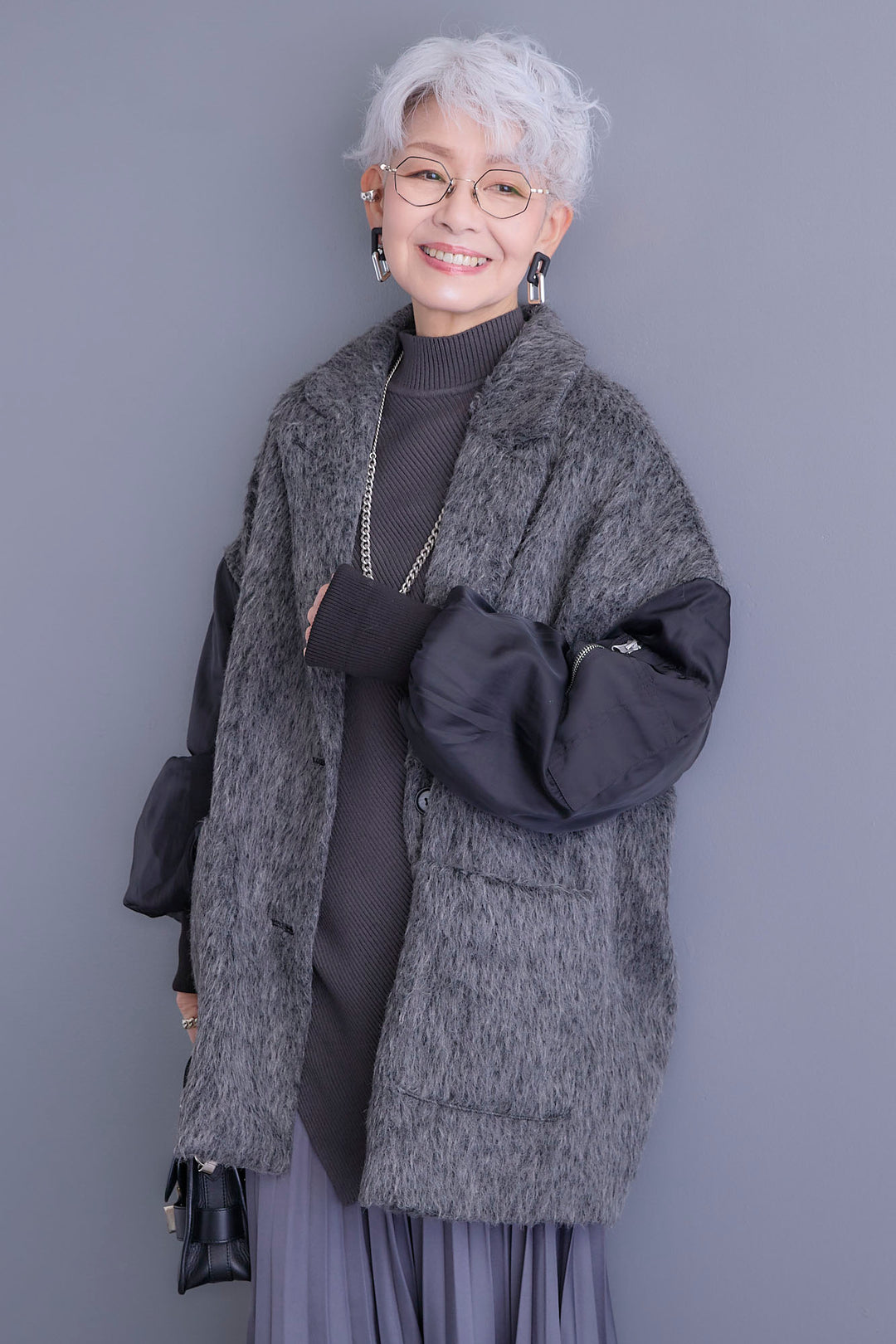 【新色追加】【SET】アシンメトリーオーバーニット+チュールレイヤードMA-1シャギーオーバーコート+アシンメトリープリーツスカート(3set)