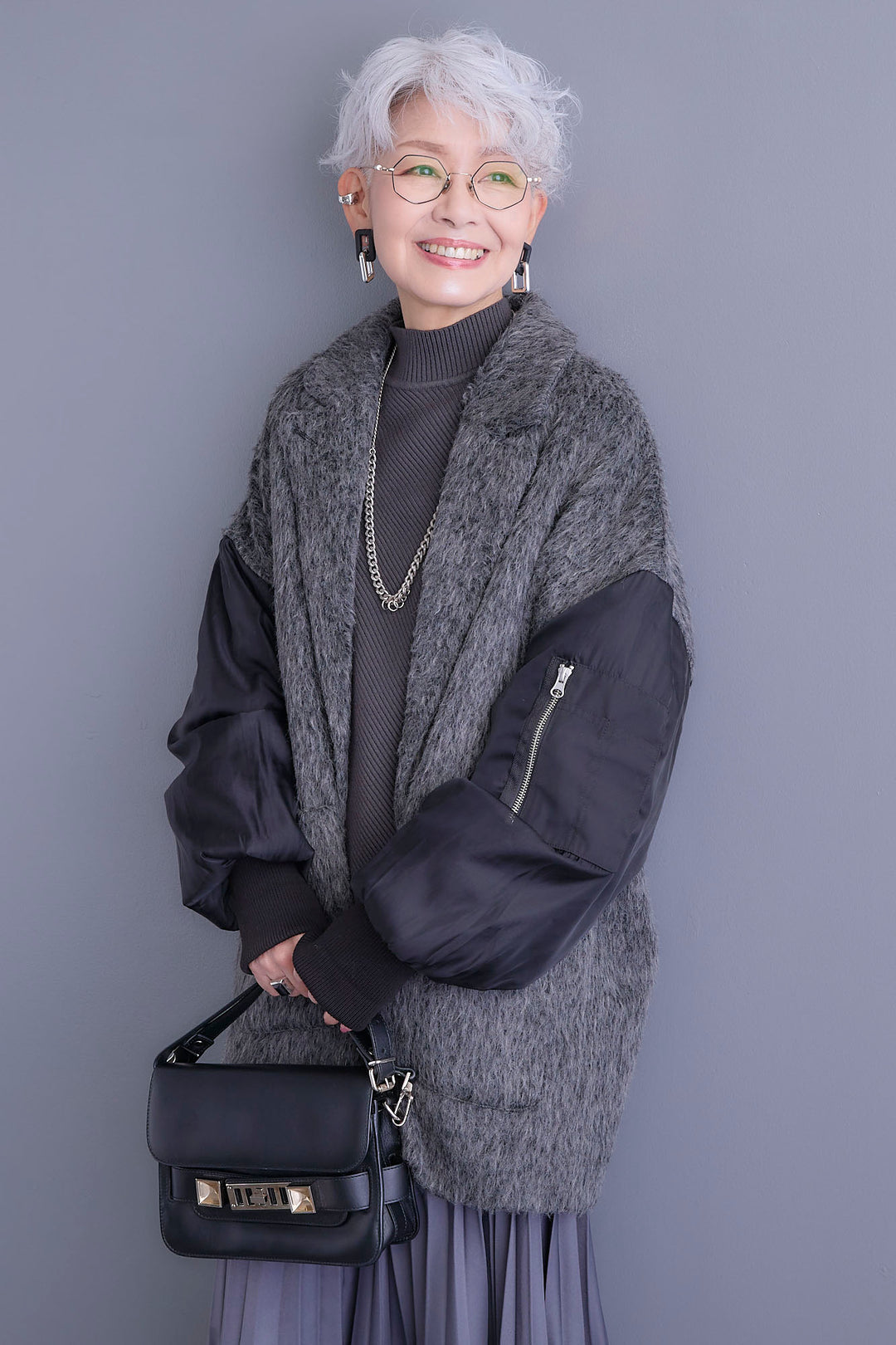 【新色追加】【SET】アシンメトリーオーバーニット+チュールレイヤードMA-1シャギーオーバーコート+アシンメトリープリーツスカート(3set)