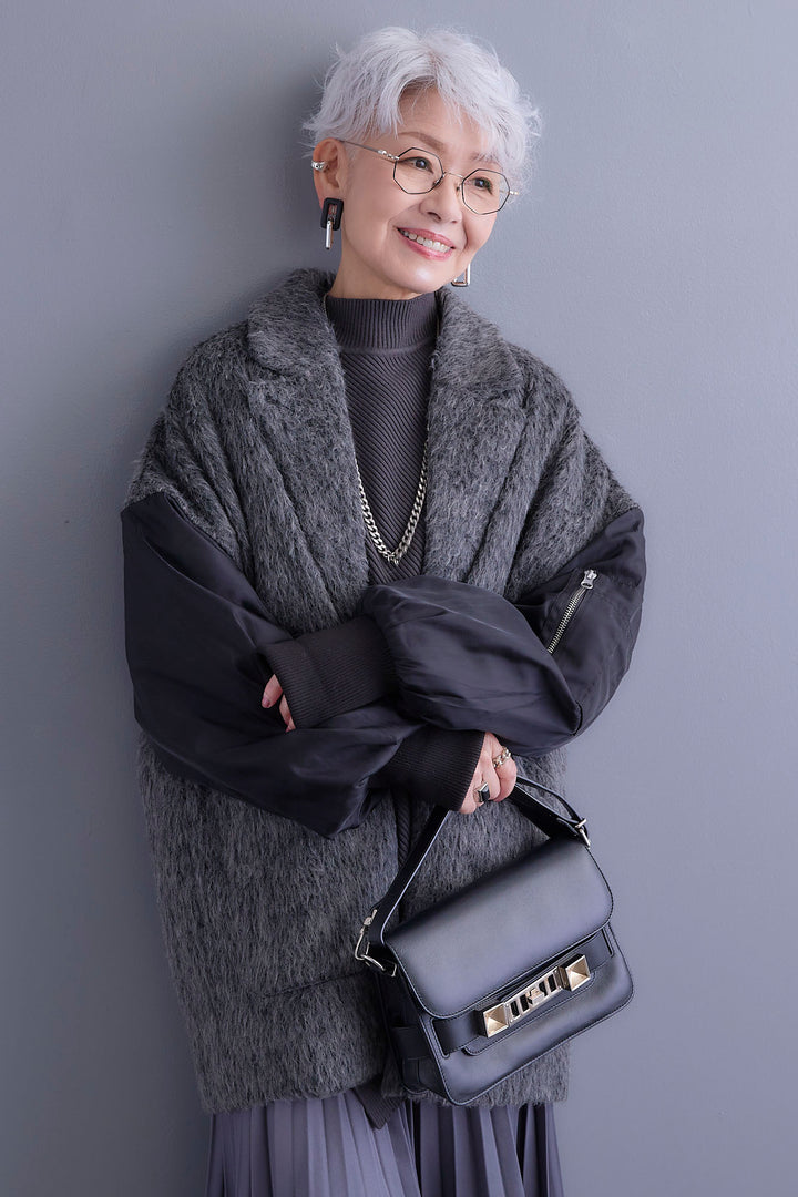 【新色追加】【SET】アシンメトリーオーバーニット+チュールレイヤードMA-1シャギーオーバーコート+アシンメトリープリーツスカート(3set)