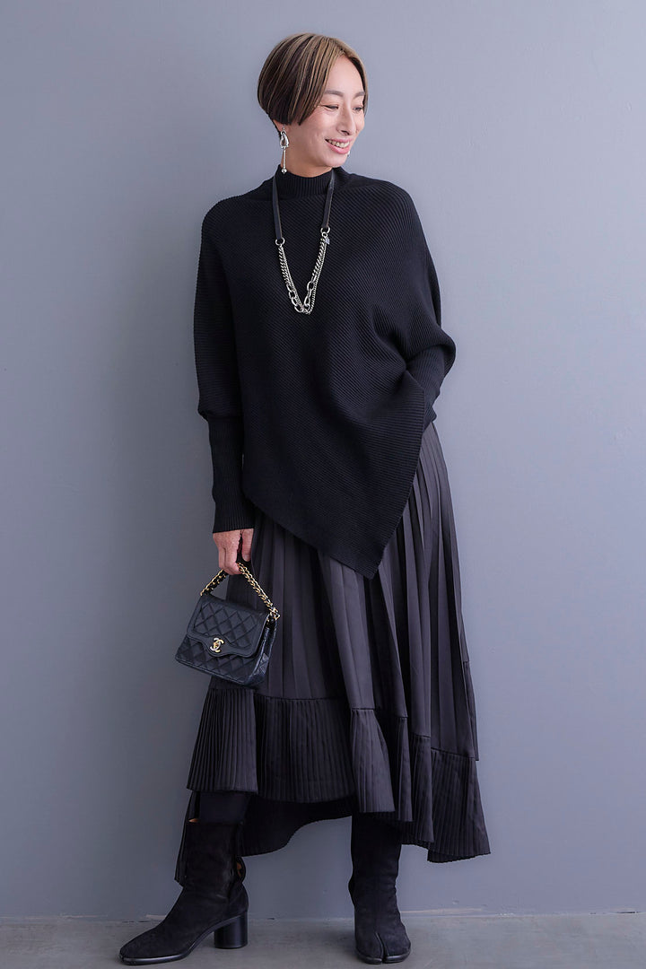 【新色追加】【SET】アシンメトリーオーバーニット+アシンメトリープリーツスカート(2set)