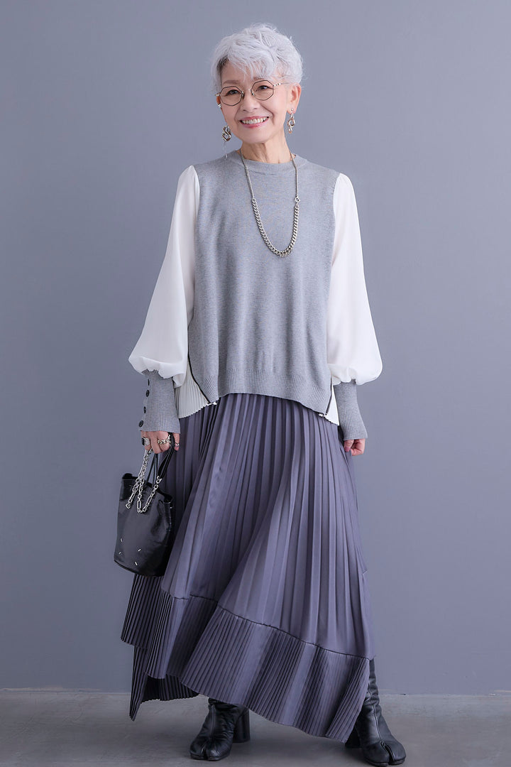 【新色追加】【SET】ZIPサイドプリーツニットコンビプルオーバー+アシンメトリープリーツスカート(2set)