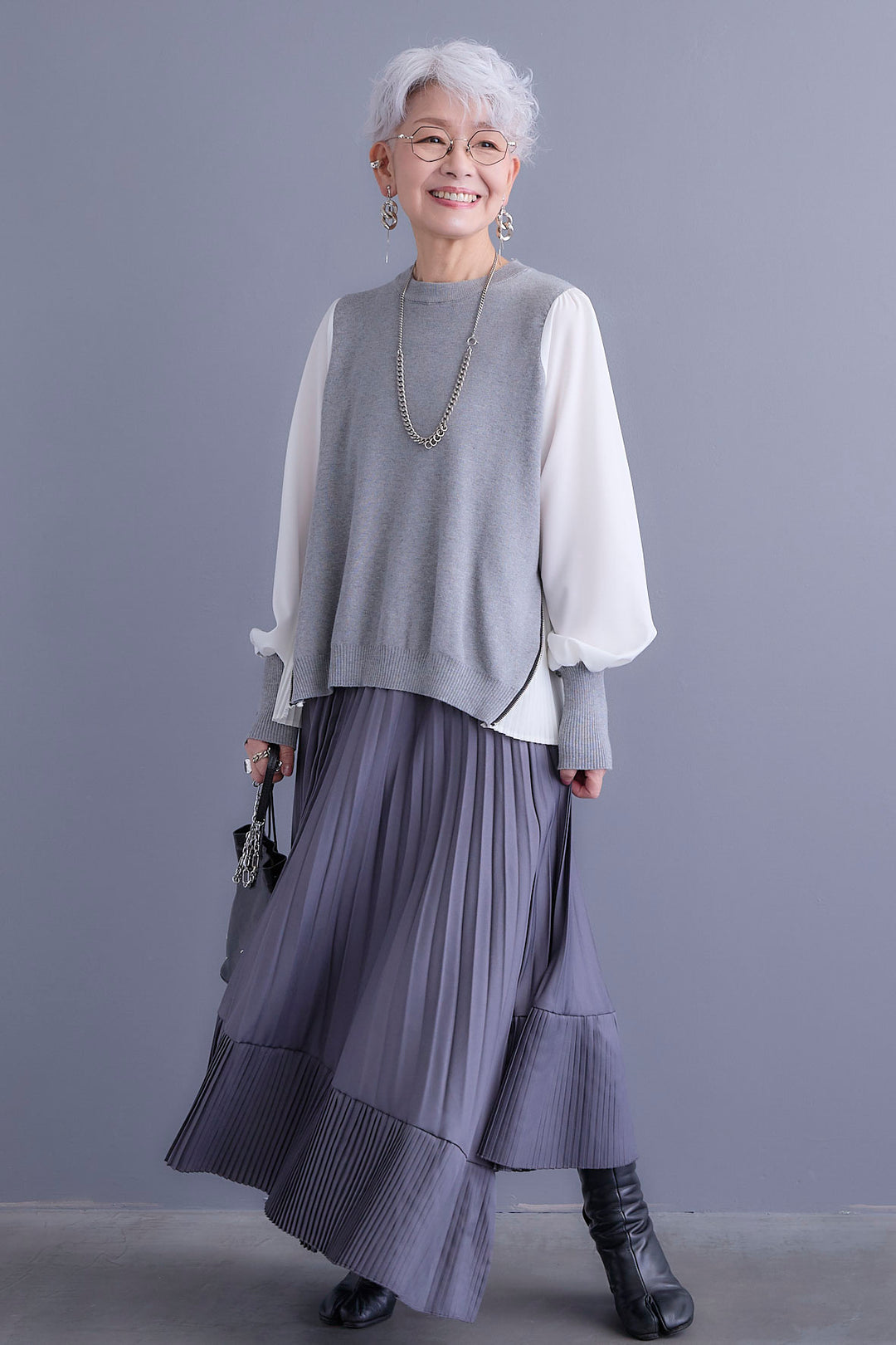 【新色追加】【SET】ZIPサイドプリーツニットコンビプルオーバー+アシンメトリープリーツスカート(2set)