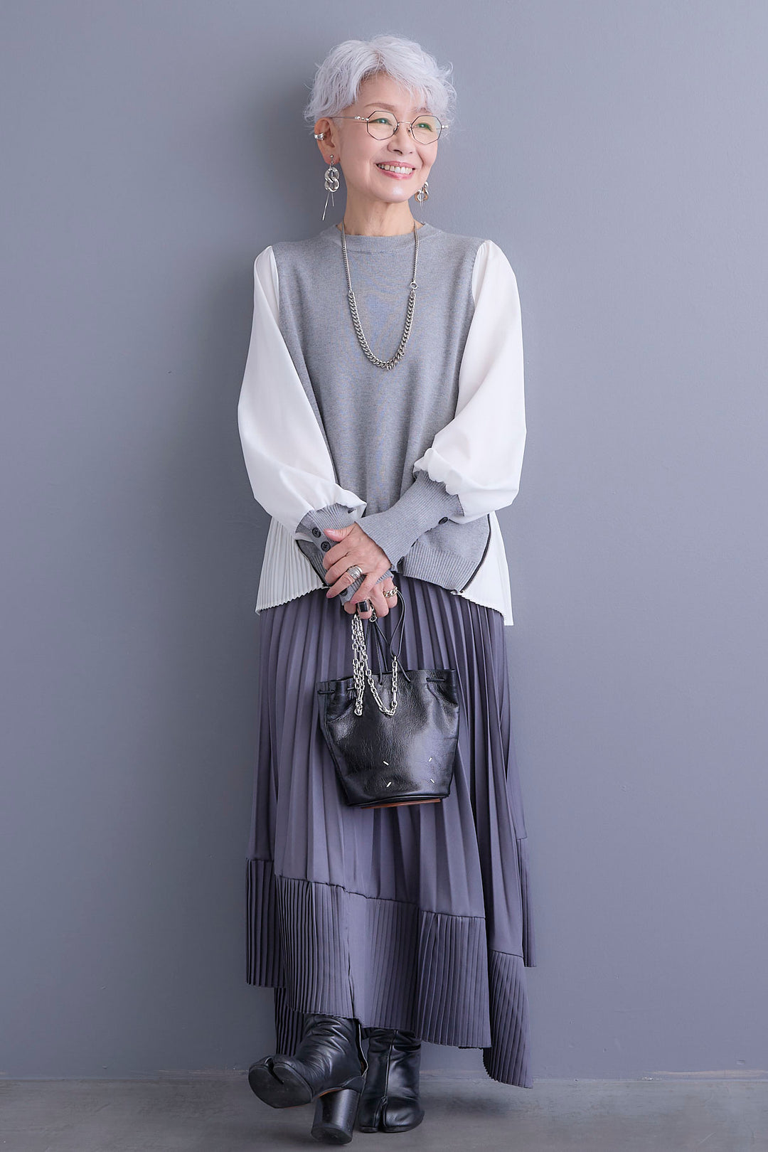 【新色追加】【SET】ZIPサイドプリーツニットコンビプルオーバー+アシンメトリープリーツスカート(2set)