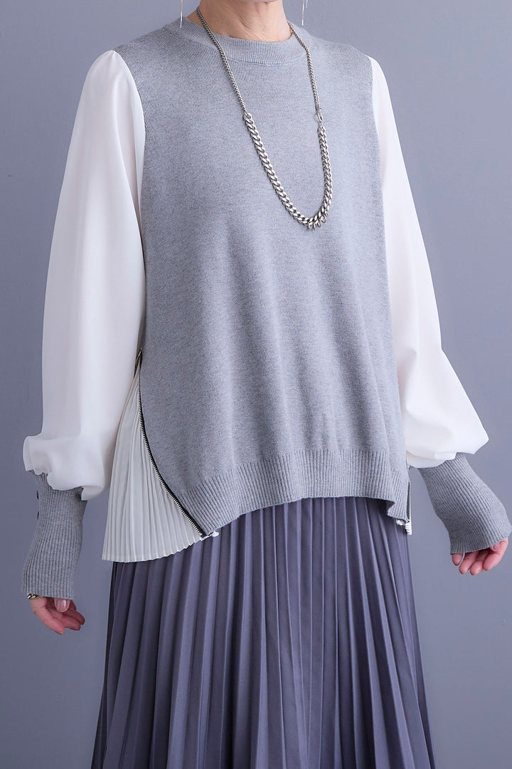 【SET】ZIPサイドプリーツニットコンビプルオーバー+プリーツタックデニムスカート(2set)