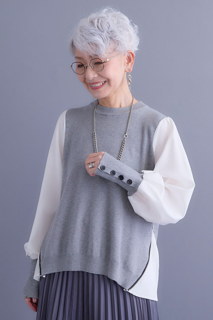 【新色追加】【SET】ZIPサイドプリーツニットコンビプルオーバー+アシンメトリープリーツスカート(2set)