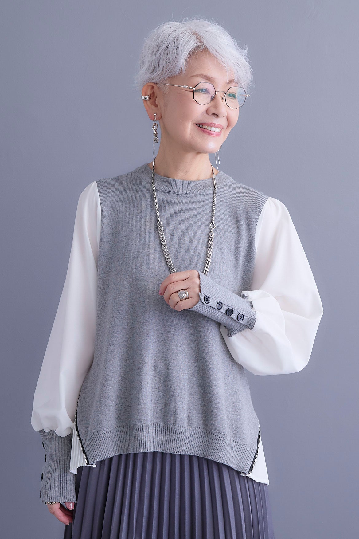 SET】ZIPサイドプリーツニットコンビプルオーバー+プリーツタック