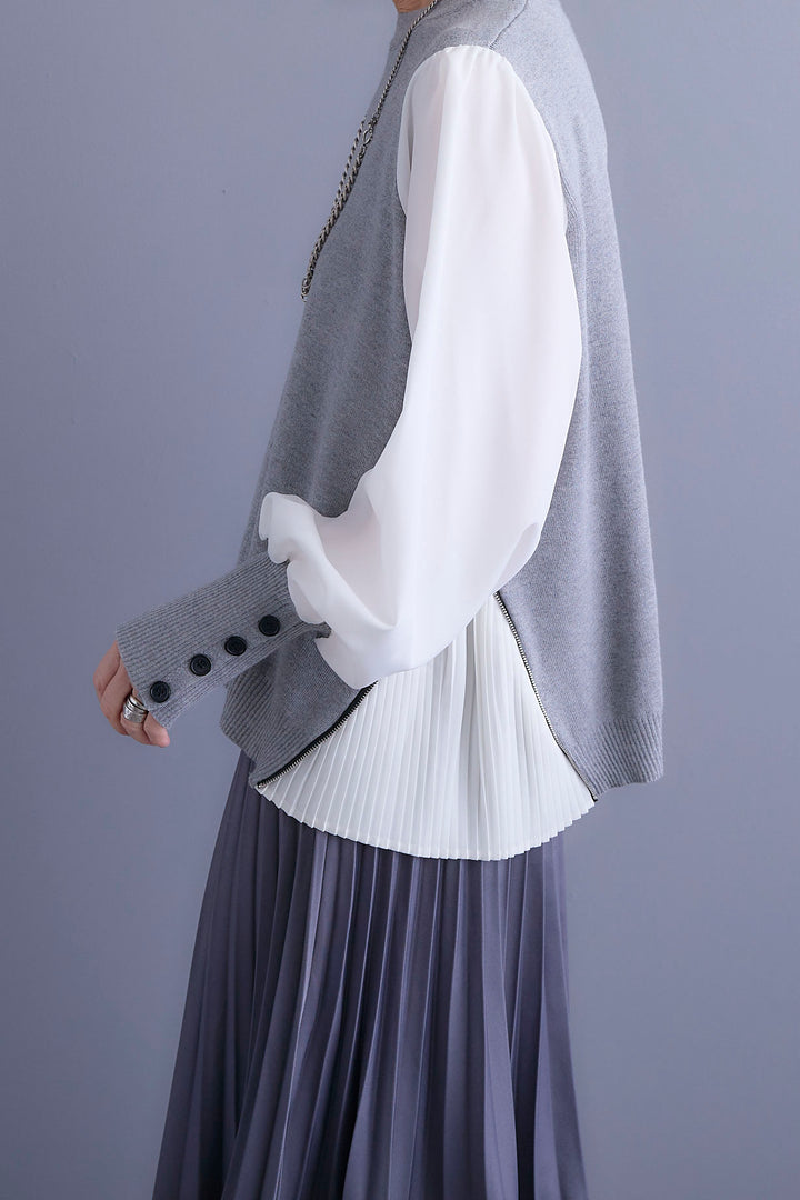 【新色追加】【SET】ZIPサイドプリーツニットコンビプルオーバー+アシンメトリープリーツスカート(2set)