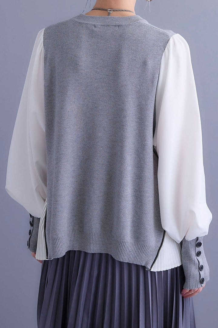 【新色追加】【SET】ZIPサイドプリーツニットコンビプルオーバー+アシンメトリープリーツスカート(2set)