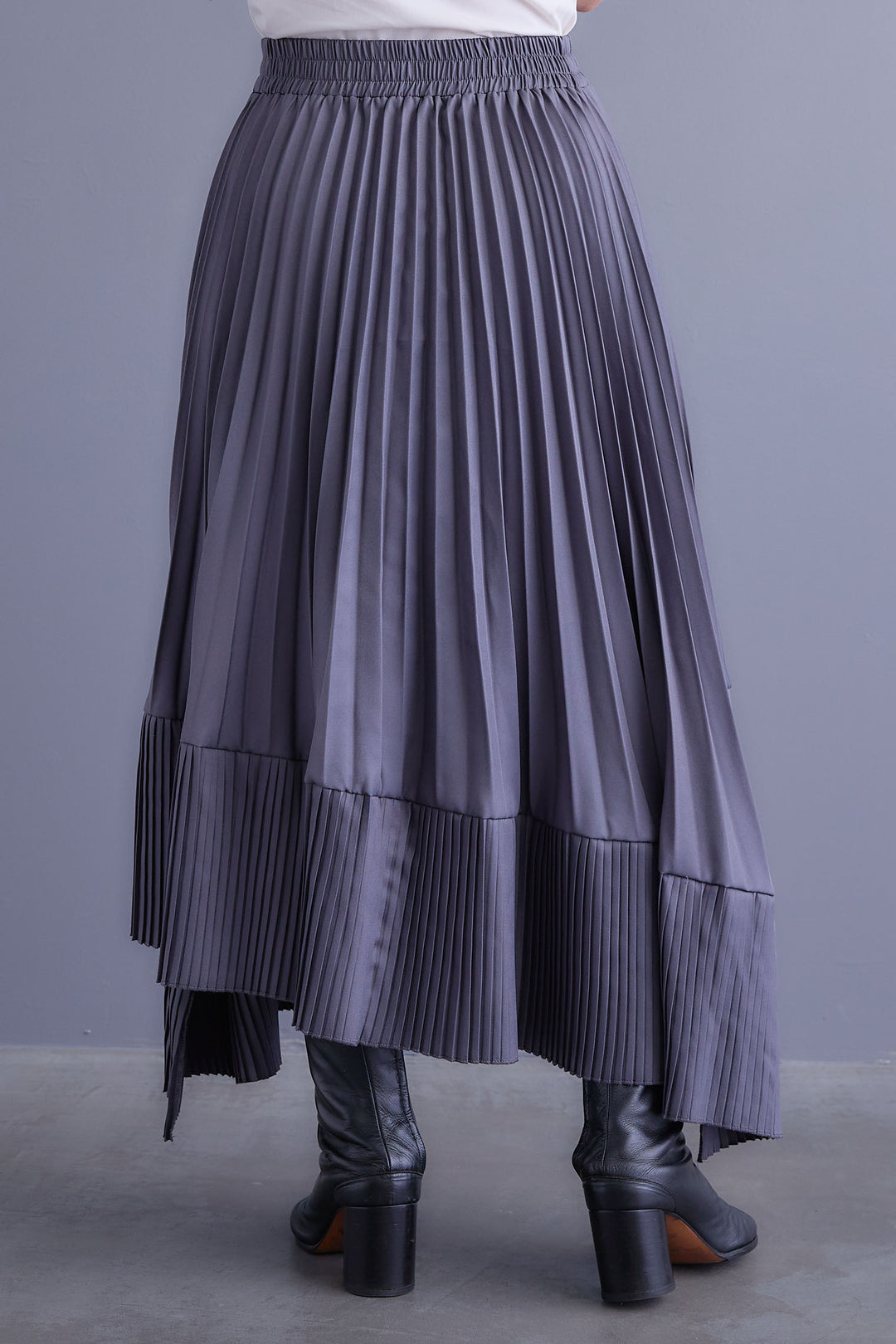 【SET】アシンメトリーオーバーニット+ライダースドッキングエコファージャケット+アシンメトリープリーツスカート(3set)