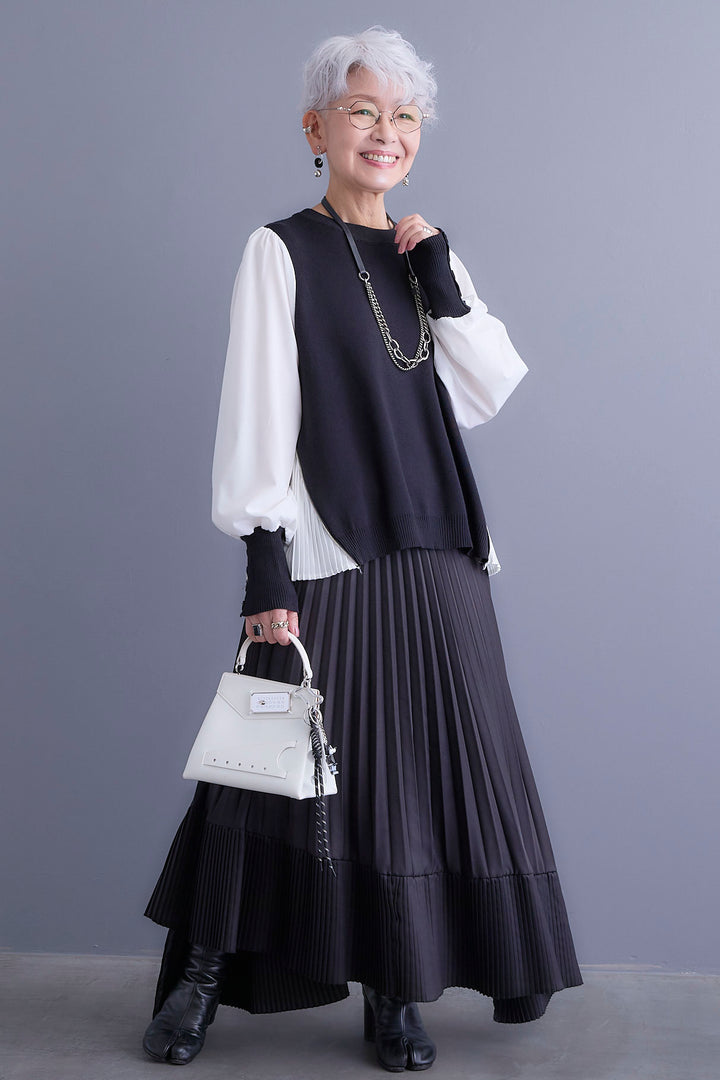 【新色追加】【SET】ZIPサイドプリーツニットコンビプルオーバー+アシンメトリープリーツスカート(2set)