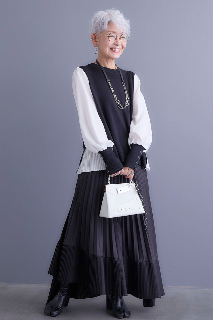 【新色追加】【SET】ZIPサイドプリーツニットコンビプルオーバー+アシンメトリープリーツスカート(2set)