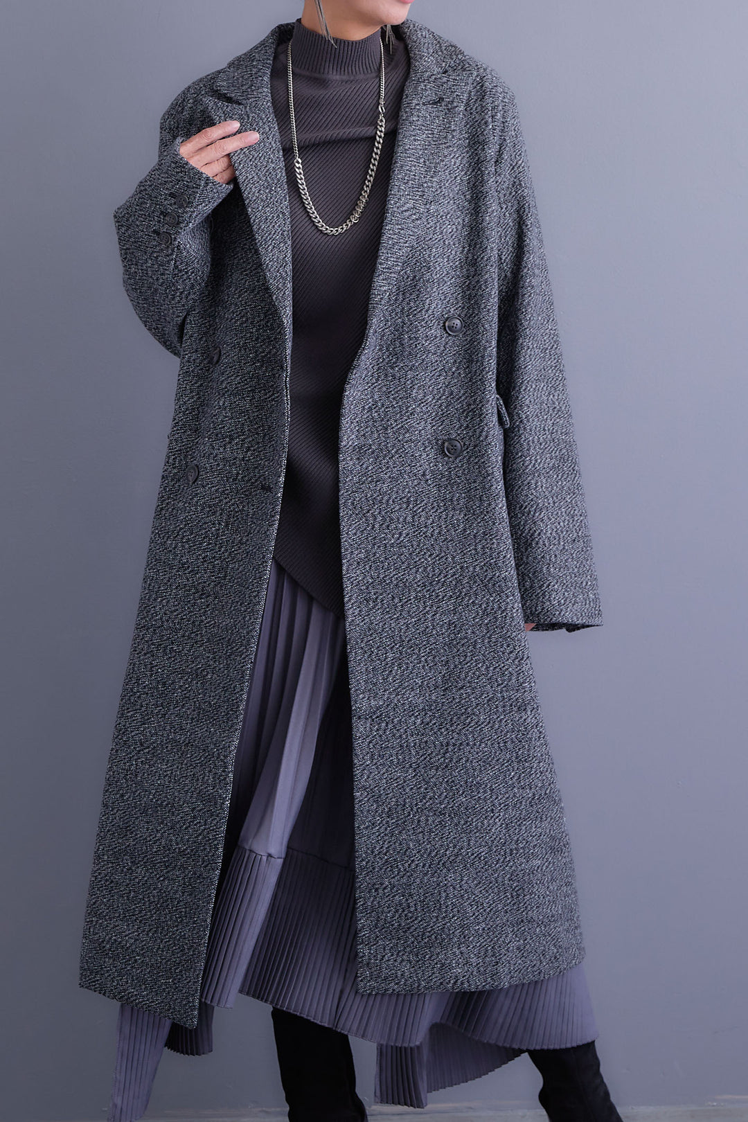 【SET】アシンメトリーオーバーニット+ツイードロングチェスターコート+アシンメトリープリーツスカート(3set)