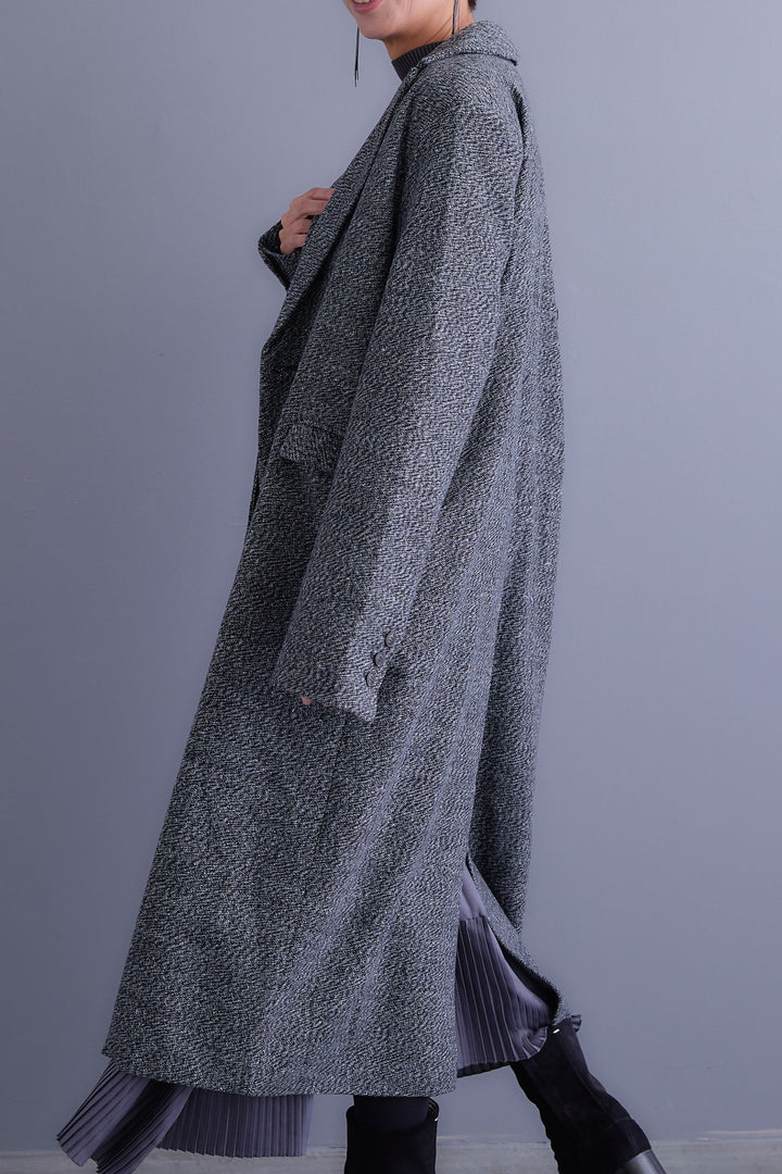 【SET】アシンメトリーオーバーニット+ツイードロングチェスターコート+アシンメトリープリーツスカート(3set)