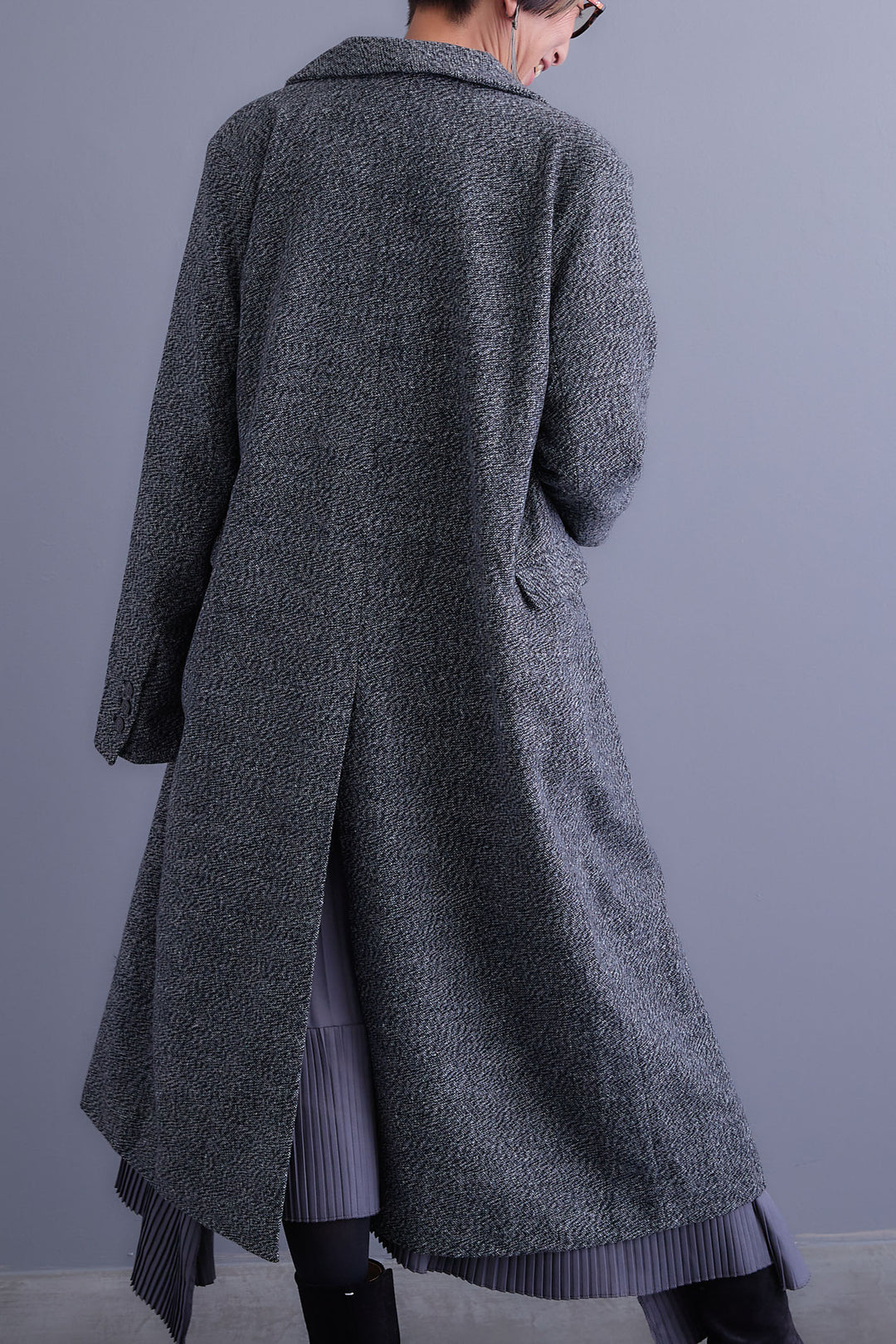 【SET】アシンメトリーオーバーニット+ツイードロングチェスターコート+アシンメトリープリーツスカート(3set)