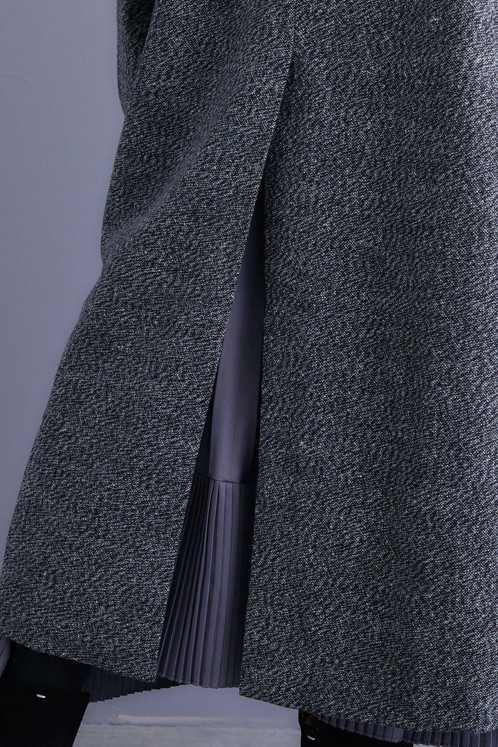 【SET】アシンメトリーオーバーニット+ツイードロングチェスターコート+アシンメトリープリーツスカート(3set)