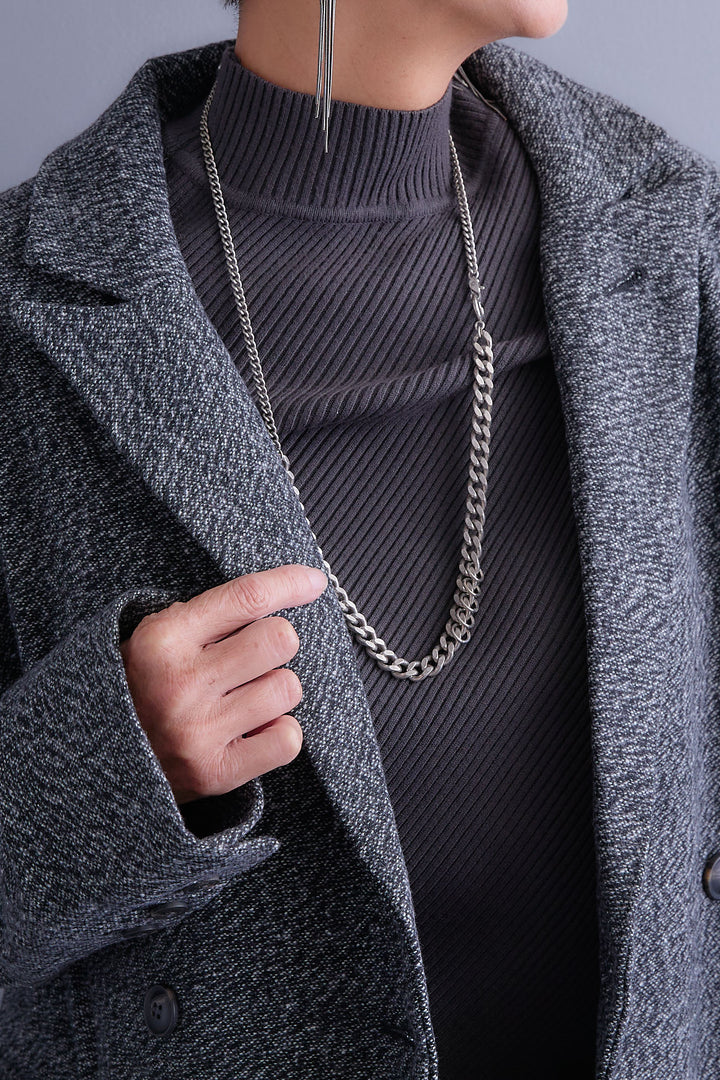 【SET】アシンメトリーオーバーニット+ツイードロングチェスターコート+アシンメトリープリーツスカート(3set)