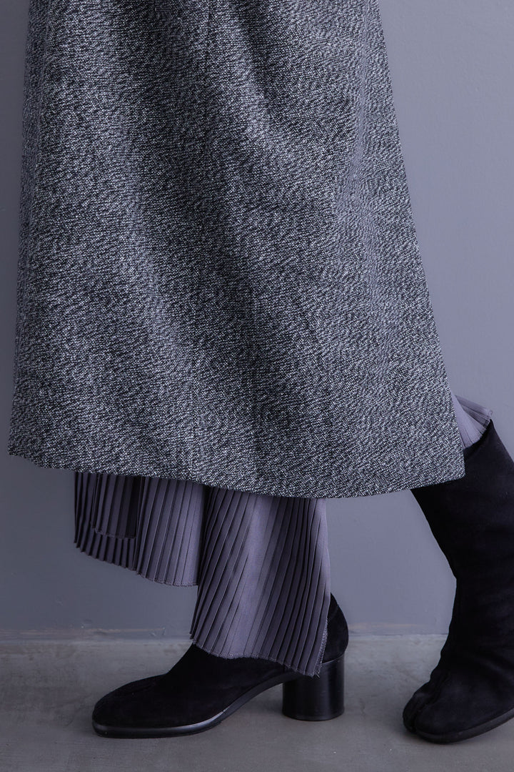 【SET】アシンメトリーオーバーニット+ツイードロングチェスターコート+アシンメトリープリーツスカート(3set)
