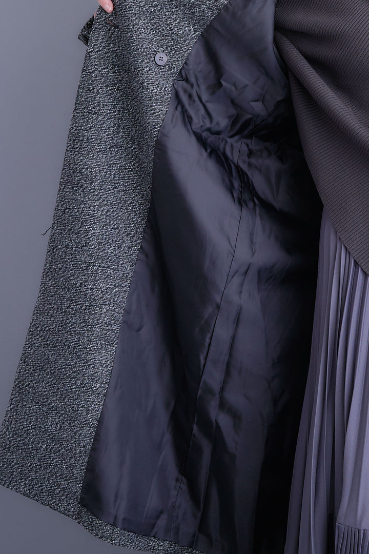 【SET】アシンメトリーオーバーニット+ツイードロングチェスターコート+アシンメトリープリーツスカート(3set)