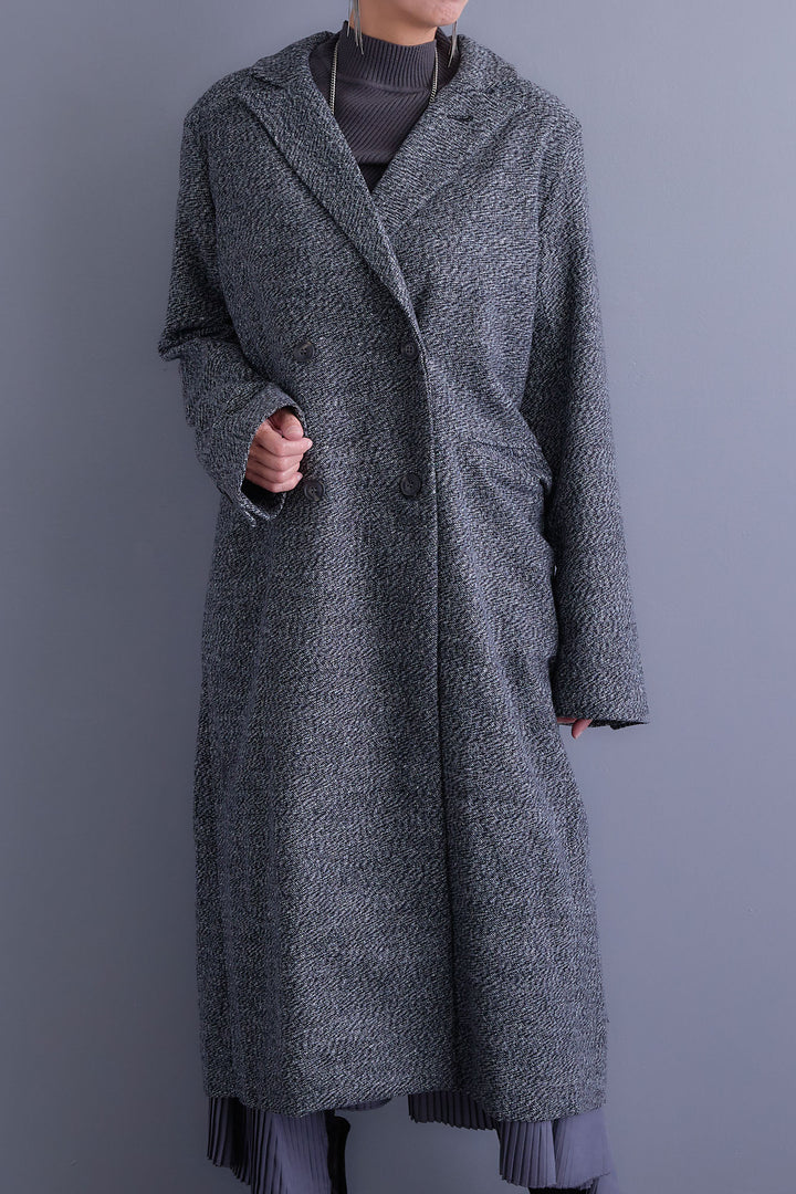 【SET】アシンメトリーオーバーニット+ツイードロングチェスターコート+アシンメトリープリーツスカート(3set)