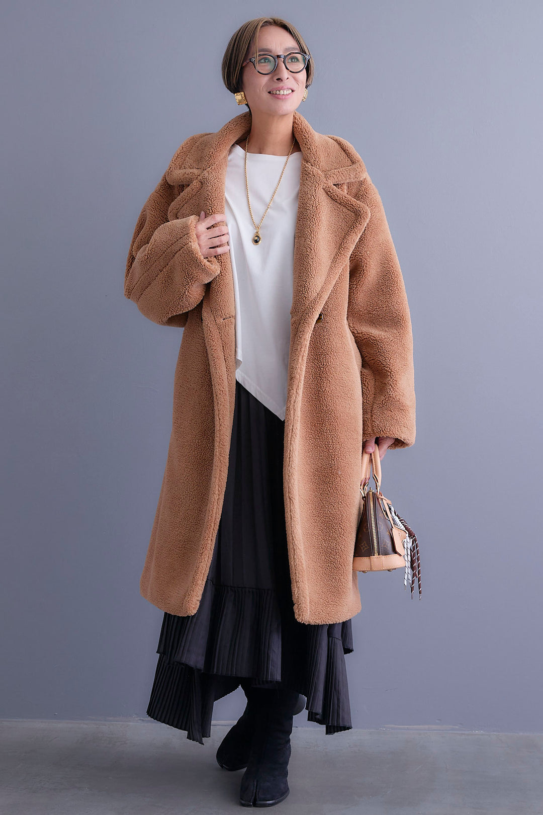 【新色追加】【SET】アシンメトリーロンT+テディボアロングコート+アシンメトリープリーツスカート(3set)