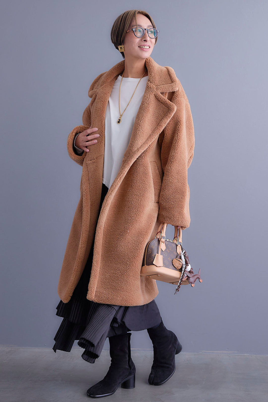 【新色追加】【SET】アシンメトリーロンT+テディボアロングコート+アシンメトリープリーツスカート(3set)