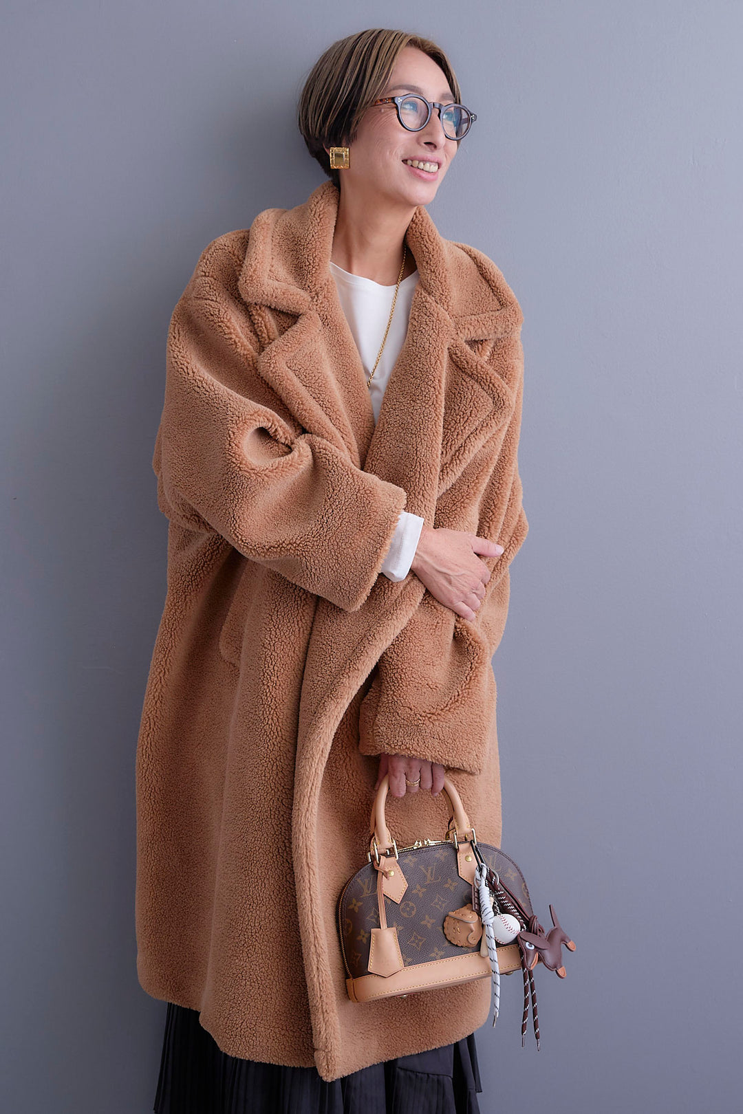 【新色追加】【SET】アシンメトリーロンT+テディボアロングコート+アシンメトリープリーツスカート(3set)