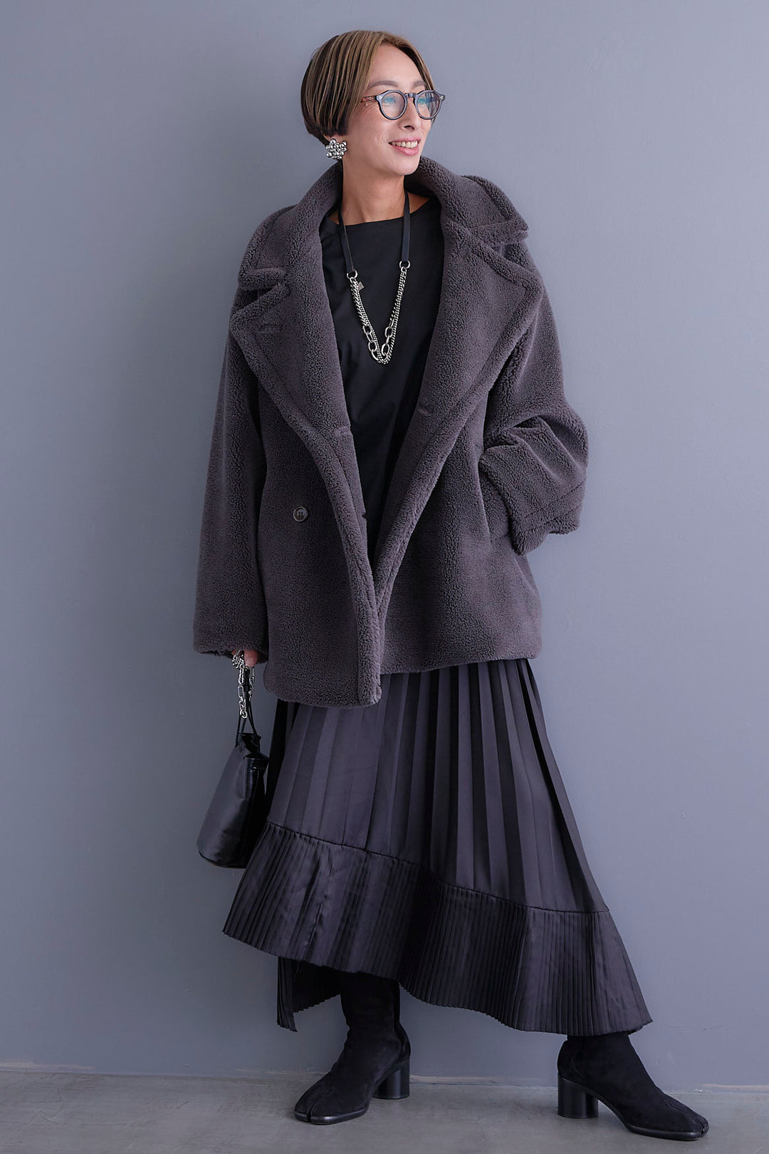 【新色追加】【SET】アシンメトリーロンT+テディボアミディコート+アシンメトリープリーツスカート(3set)