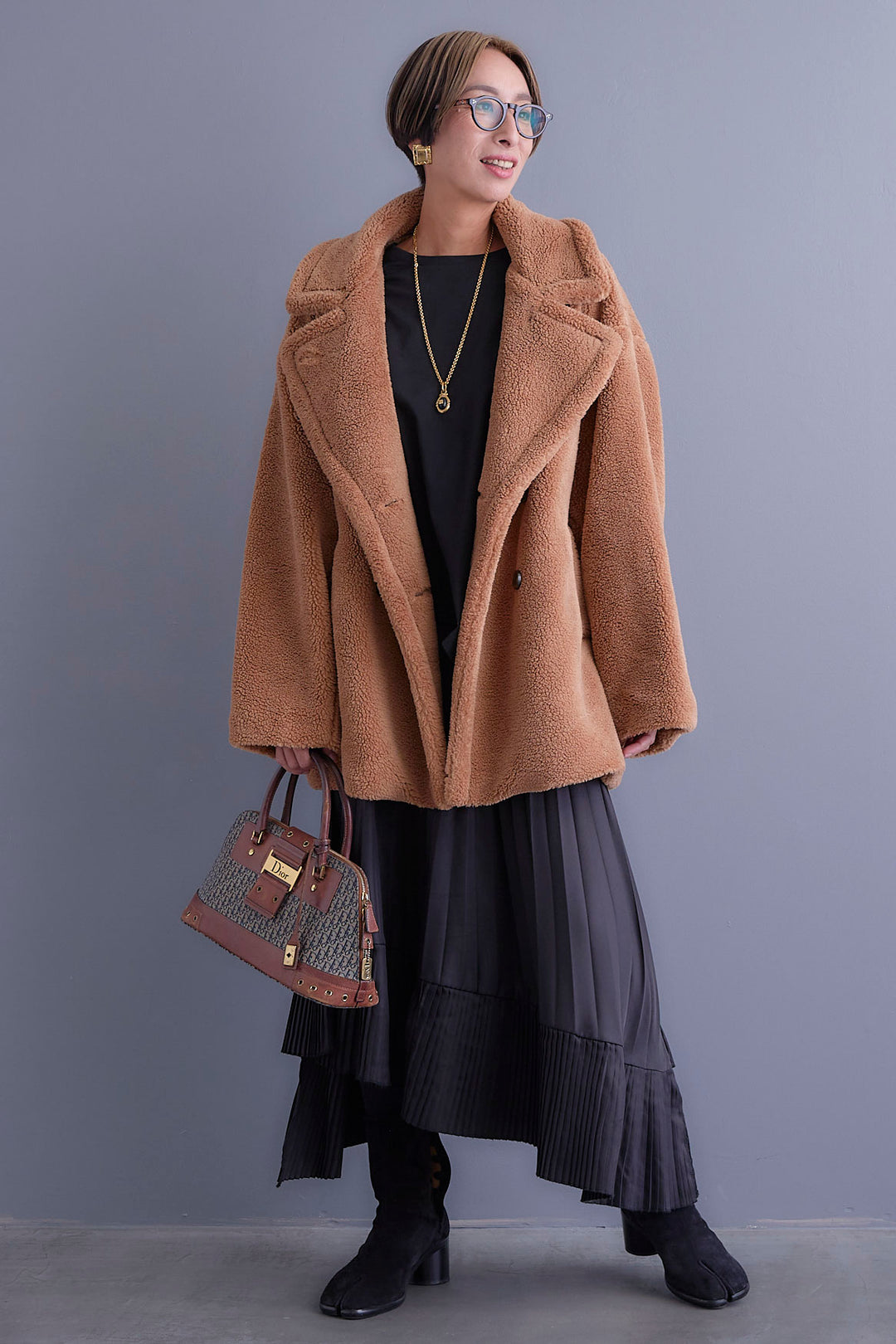 【新色追加】【SET】アシンメトリーロンT+テディボアミディコート+アシンメトリープリーツスカート(3set)