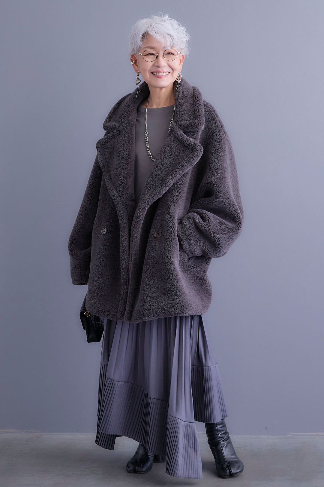 【新色追加】【SET】アシンメトリーロンT+テディボアミディコート+アシンメトリープリーツスカート(3set)