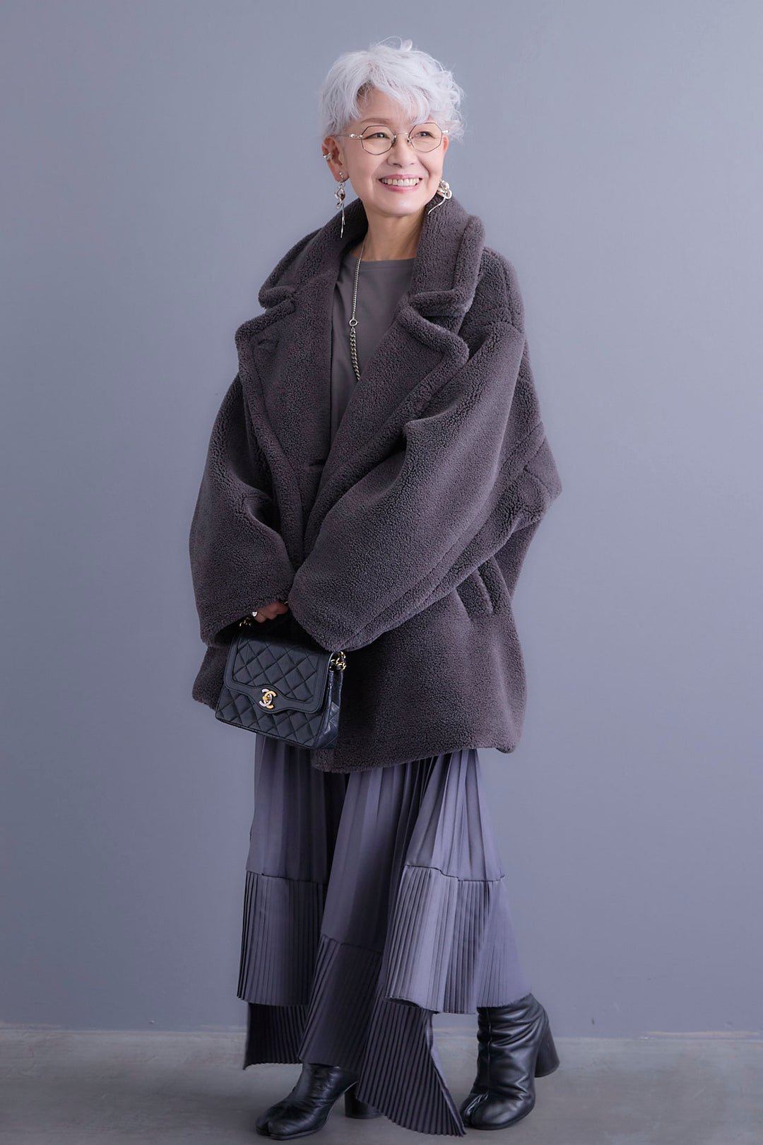 【新色追加】【SET】アシンメトリーロンT+テディボアミディコート+アシンメトリープリーツスカート(3set)