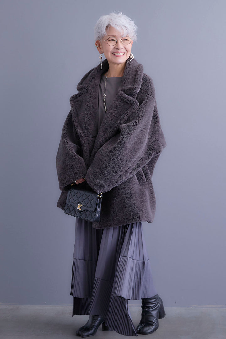 【新色追加】【SET】アシンメトリーロンT+テディボアミディコート+アシンメトリープリーツスカート(3set)