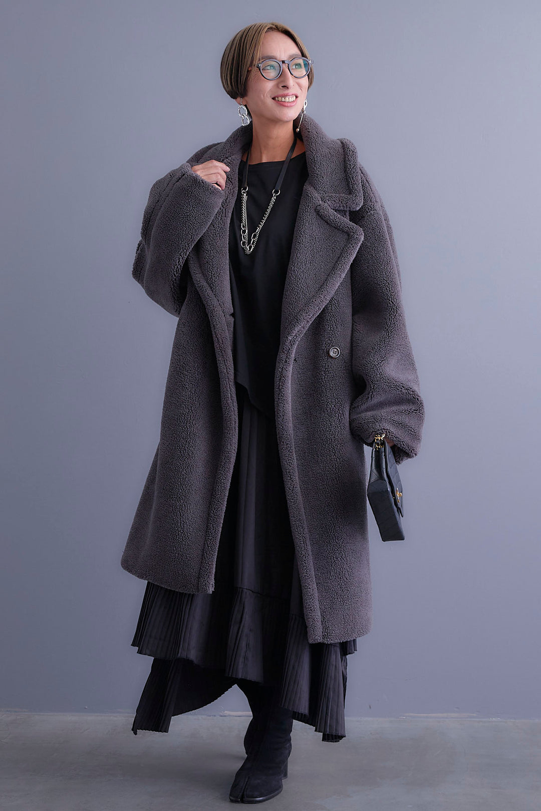 【新色追加】【SET】アシンメトリーロンT+テディボアロングコート+アシンメトリープリーツスカート(3set)