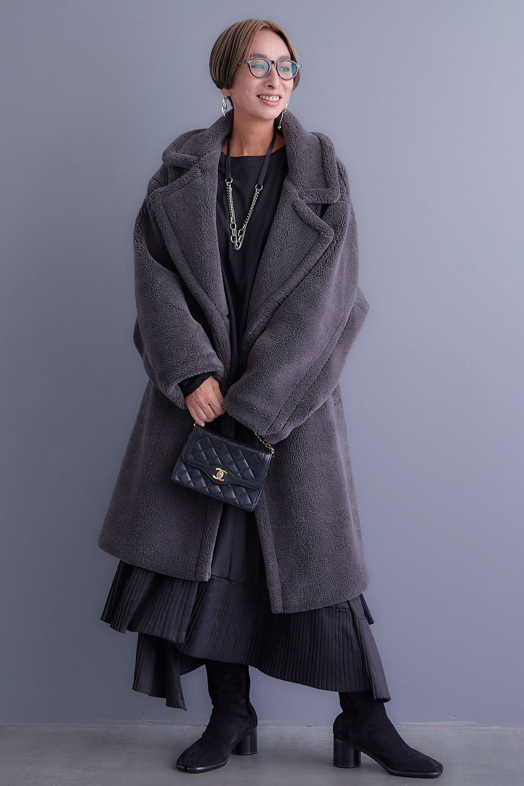 【新色追加】【SET】アシンメトリーロンT+テディボアロングコート+アシンメトリープリーツスカート(3set)