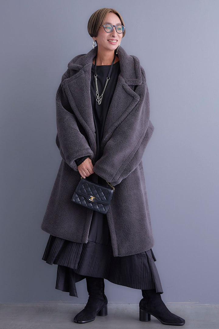 【新色追加】【SET】アシンメトリーロンT+テディボアロングコート+アシンメトリープリーツスカート(3set)