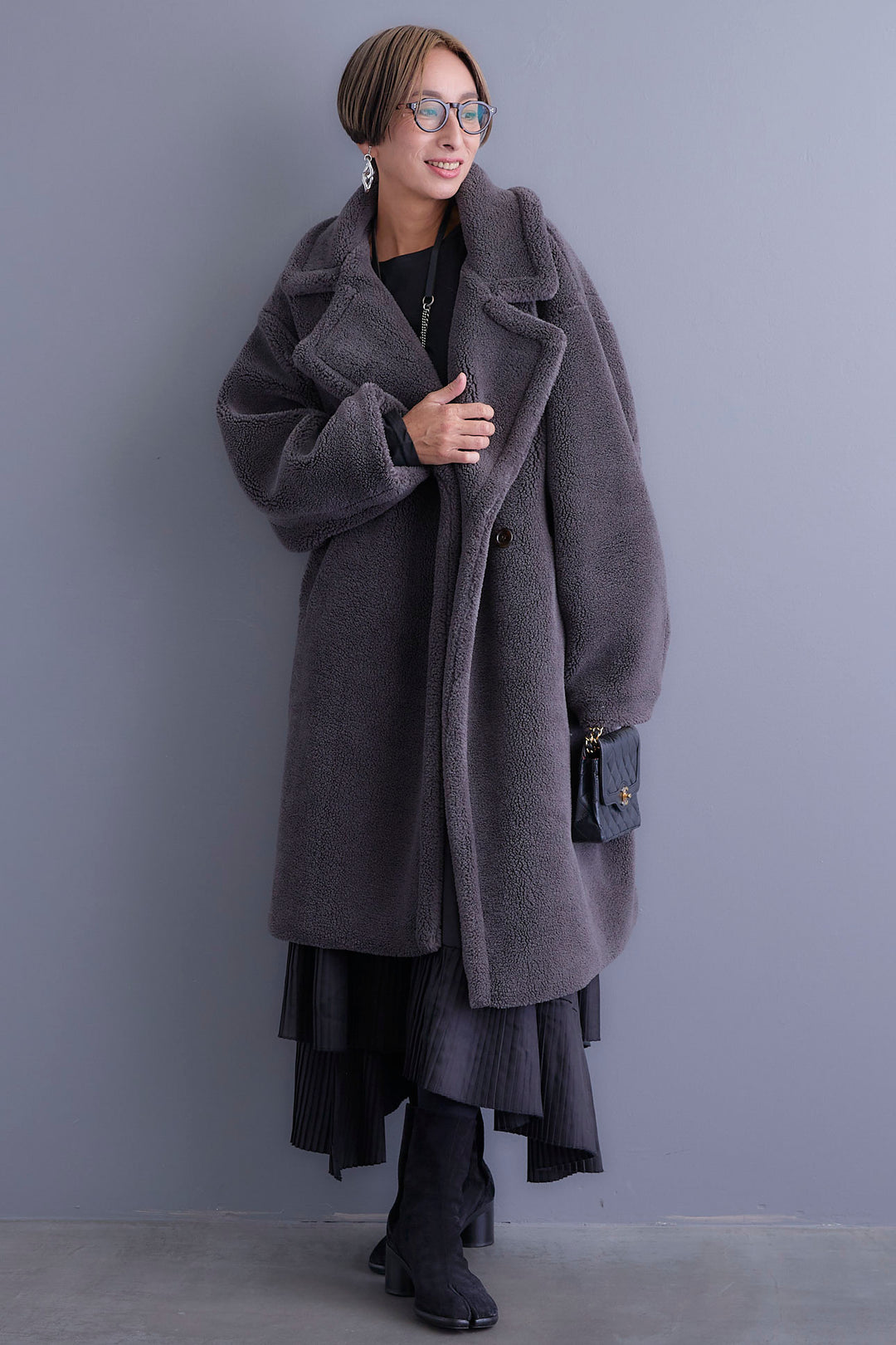 【新色追加】【SET】アシンメトリーロンT+テディボアロングコート+アシンメトリープリーツスカート(3set)