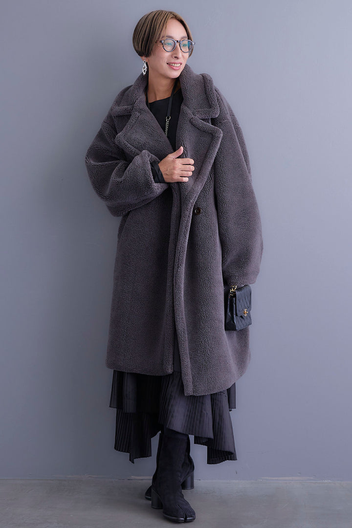 【新色追加】【SET】アシンメトリーロンT+テディボアロングコート+アシンメトリープリーツスカート(3set)