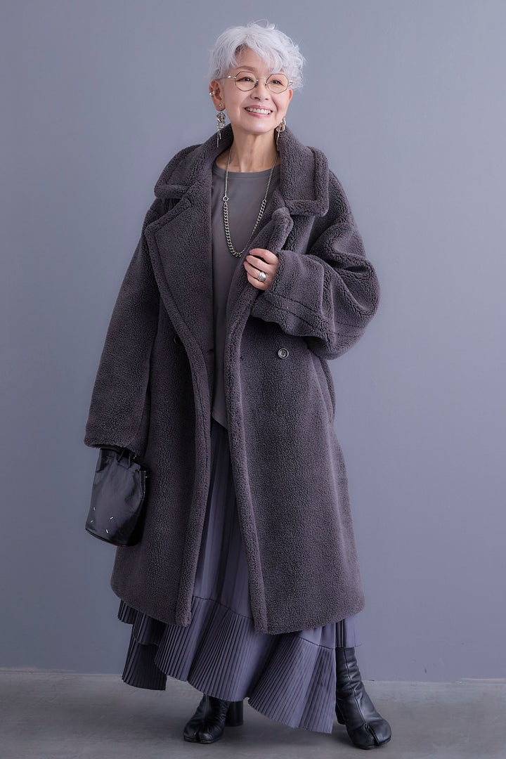 【新色追加】【SET】アシンメトリーロンT+テディボアロングコート+アシンメトリープリーツスカート(3set)