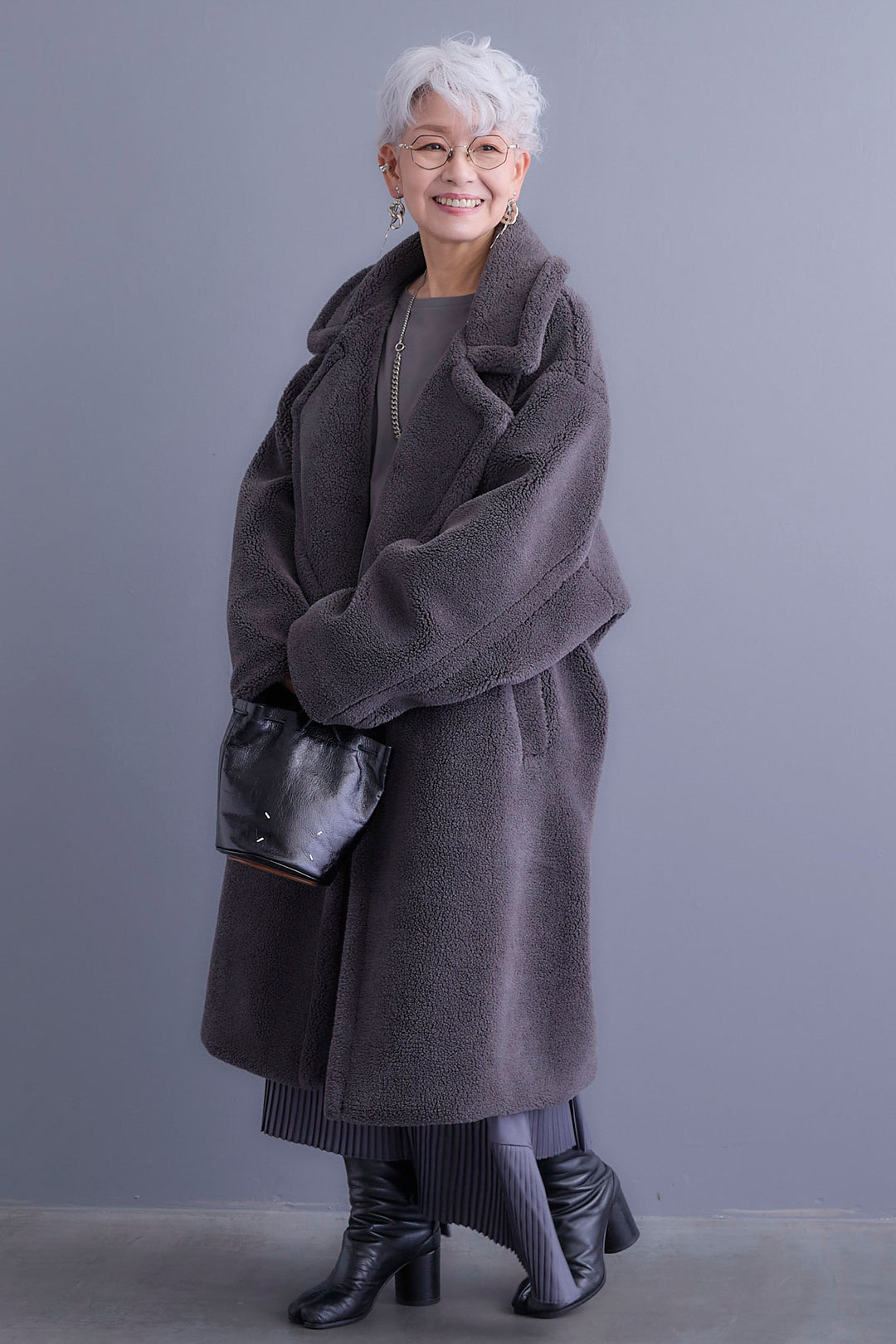 【新色追加】【SET】アシンメトリーロンT+テディボアロングコート+アシンメトリープリーツスカート(3set)