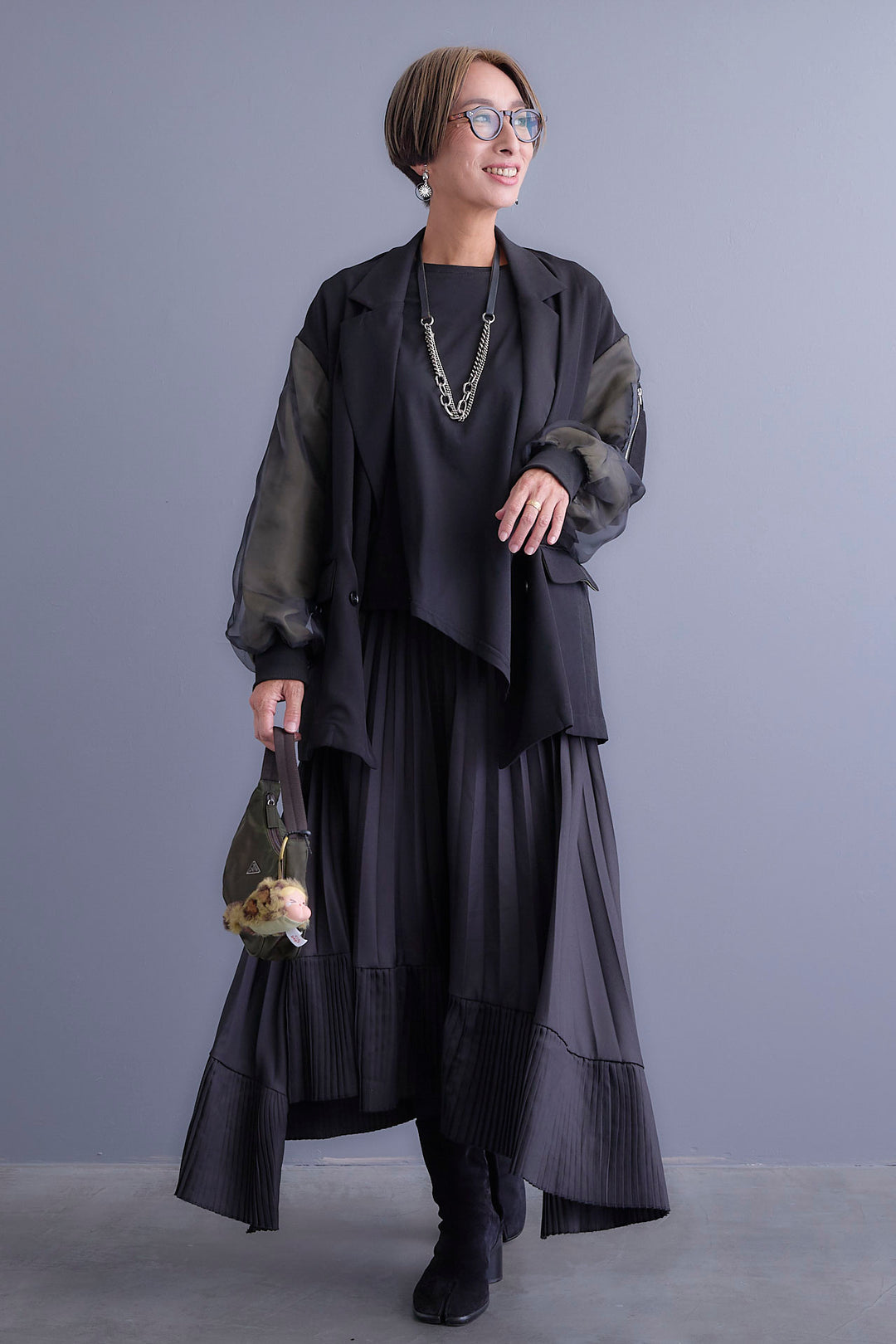 【新色追加】【SET】チュールレイヤードMA-1ジャケット+アシンメトリーロンT+アシンメトリープリーツスカート(3set)