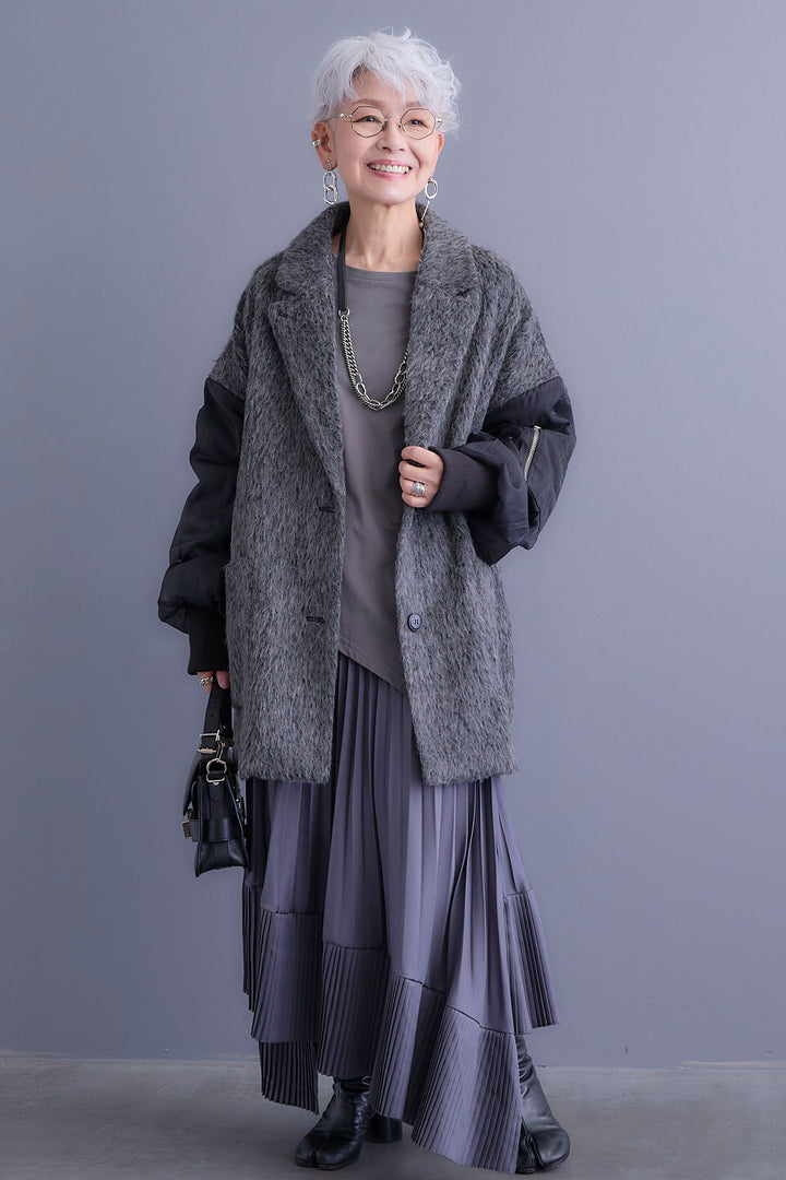 【新色追加】【SET】アシンメトリーロンT+チュールレイヤードMA-1シャギーオーバーコート+アシンメトリープリーツスカート(3set)